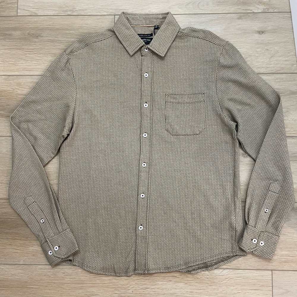 Men's Kenneth Cole taupe brown button down long sleeve knit shirt medium NWT